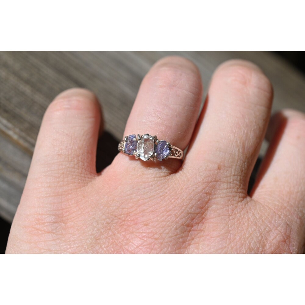 Tanzanite and herkimer crystal ring, unique raw stone rings, alternative diamond